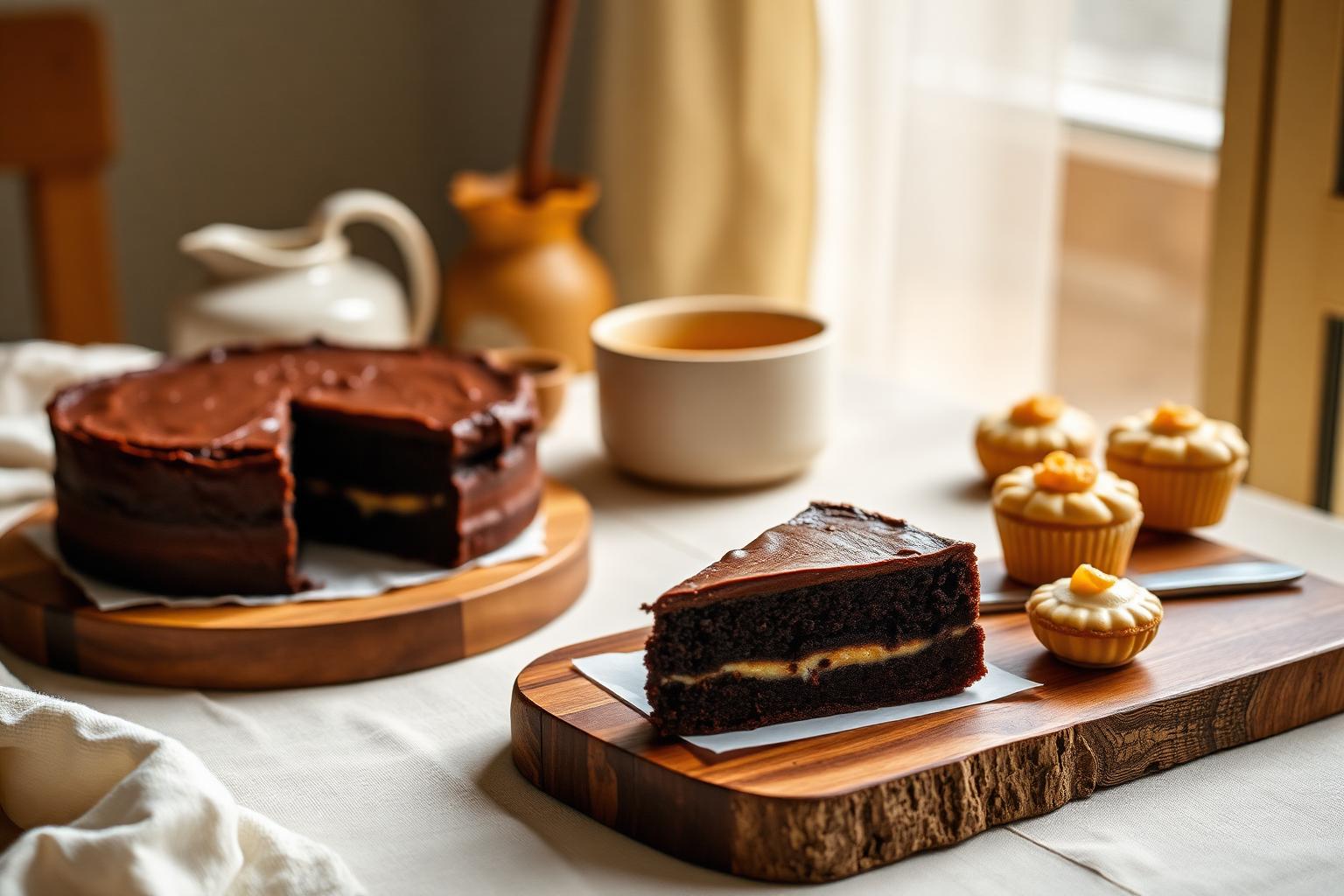 Meja kue Snack Makhelen berisi brownies cokelat dan aneka pastry